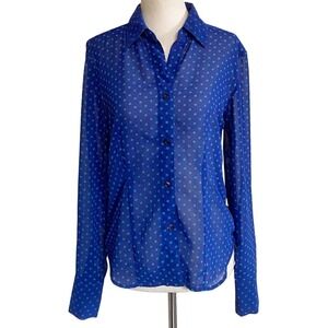 Bisou Jeans Blue Teal Polka Dot Sheer Button Down Blouse Long Sleeve Top BTL100